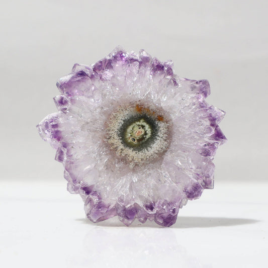 This classy Uruguayan amethyst stalactite slice offers us a perfect flower of quartz crystals outlined in delicate purple with a center of green jasper and a detail of red hematite.