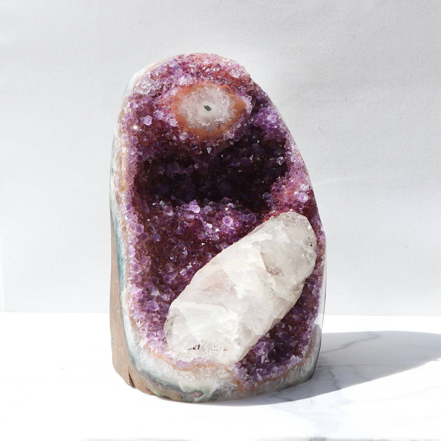 Showcase Geode Natural Art. Rare amethyst cut base with stalactite for sale, Uruguay - Deepest Earth