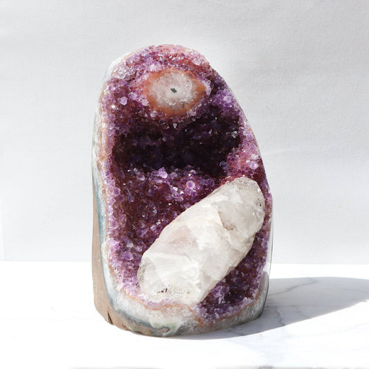 Showcase Geode Natural Art. Rare amethyst cut base with stalactite for sale, Uruguay - Deepest Earth