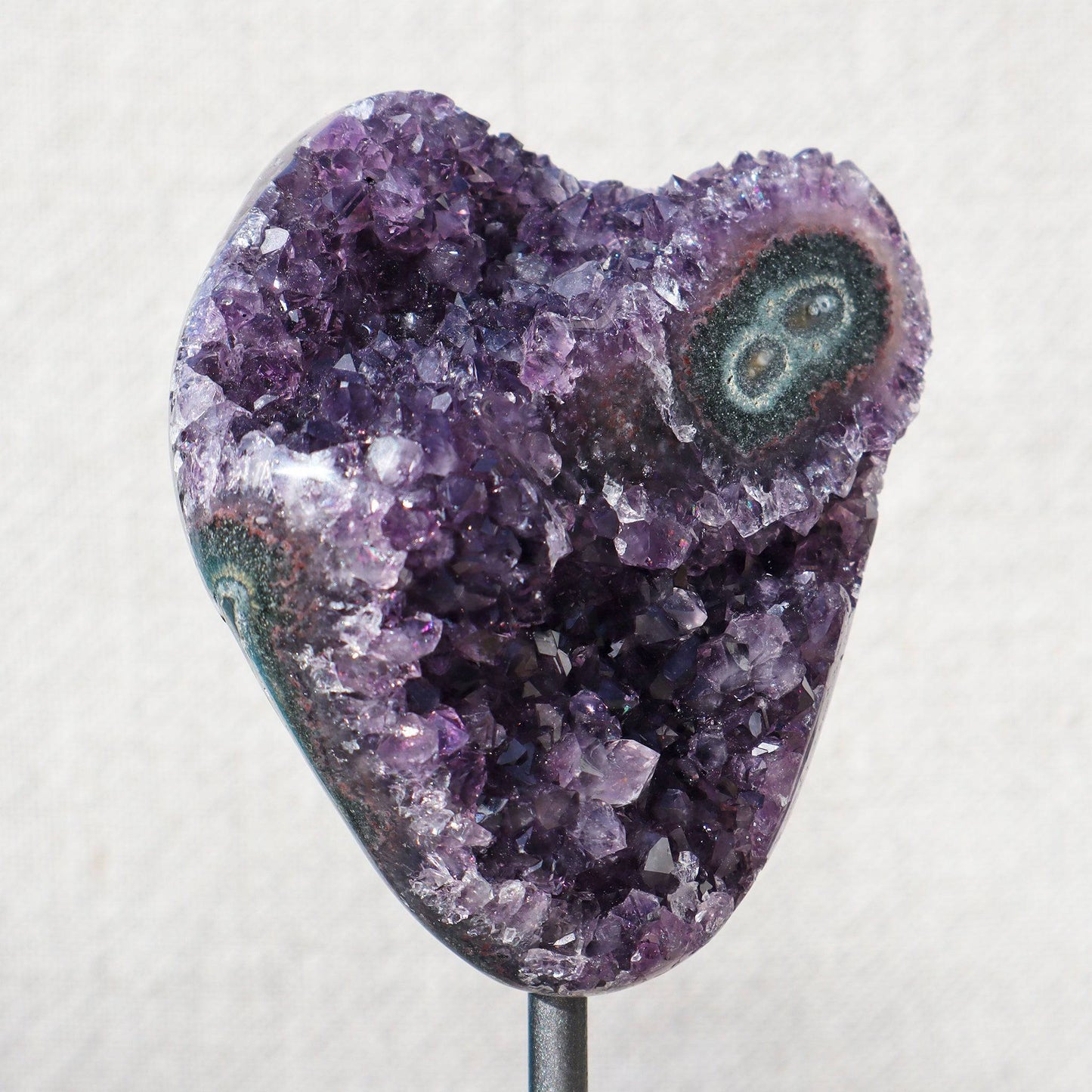 Heart shaped purple quartz amethyst double eyeon stand - Deepest Earth