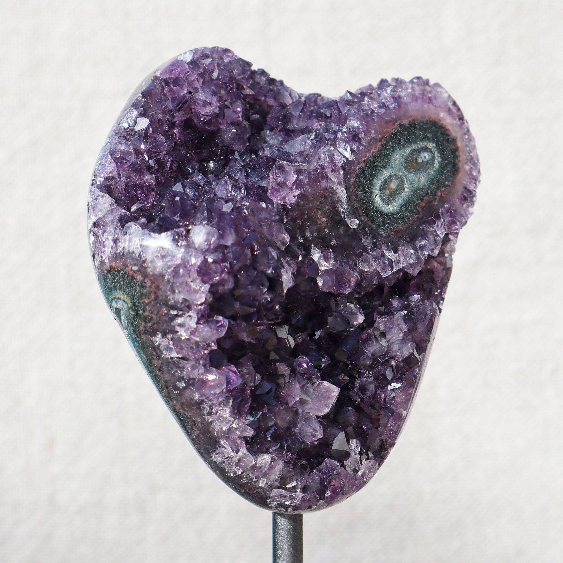 Heart shaped purple quartz amethyst double eyeon stand - Deepest Earth