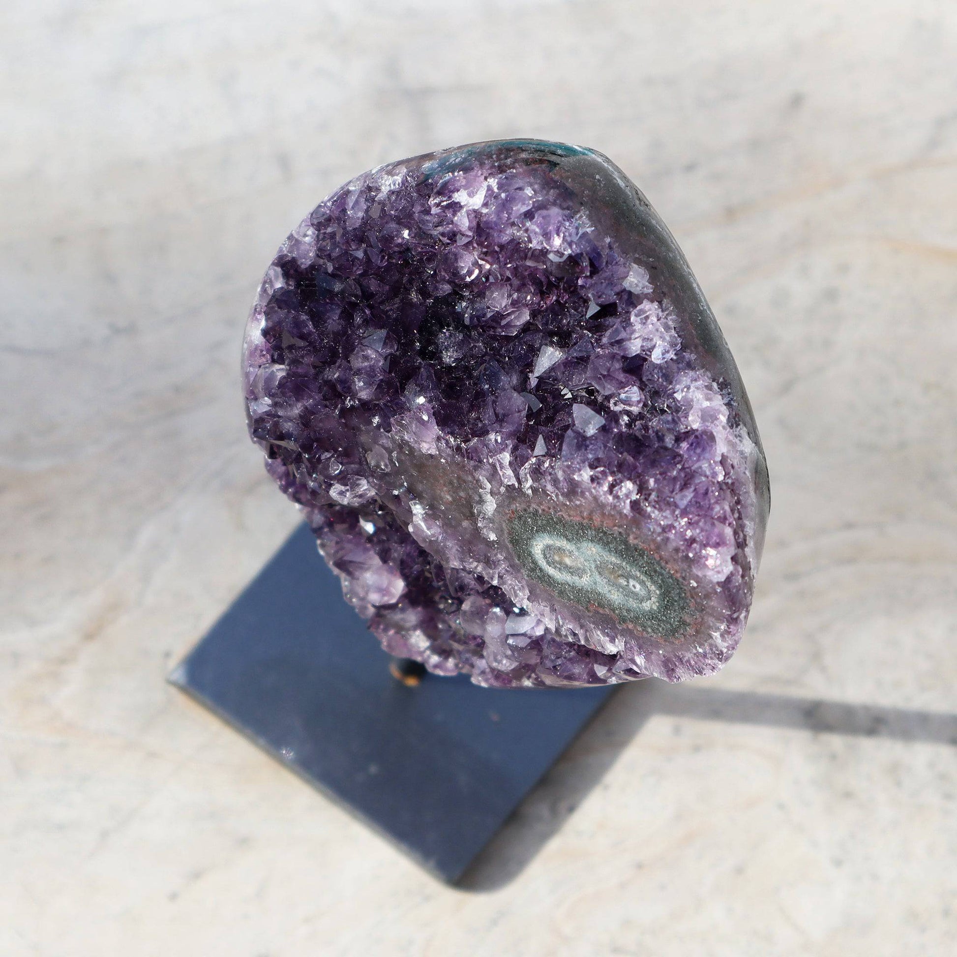 Heart shaped purple quartz amethyst double eye on stand - Deepest Earth