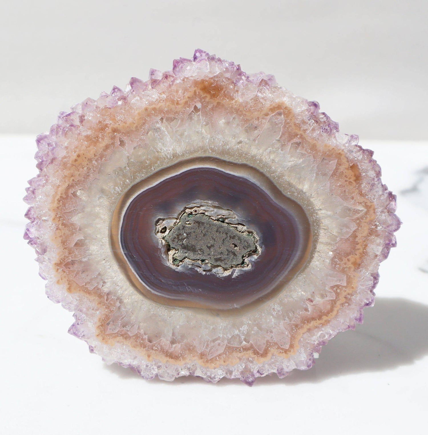 large stalactite slice flower of high quality and pastel colors with lavender crystals outline