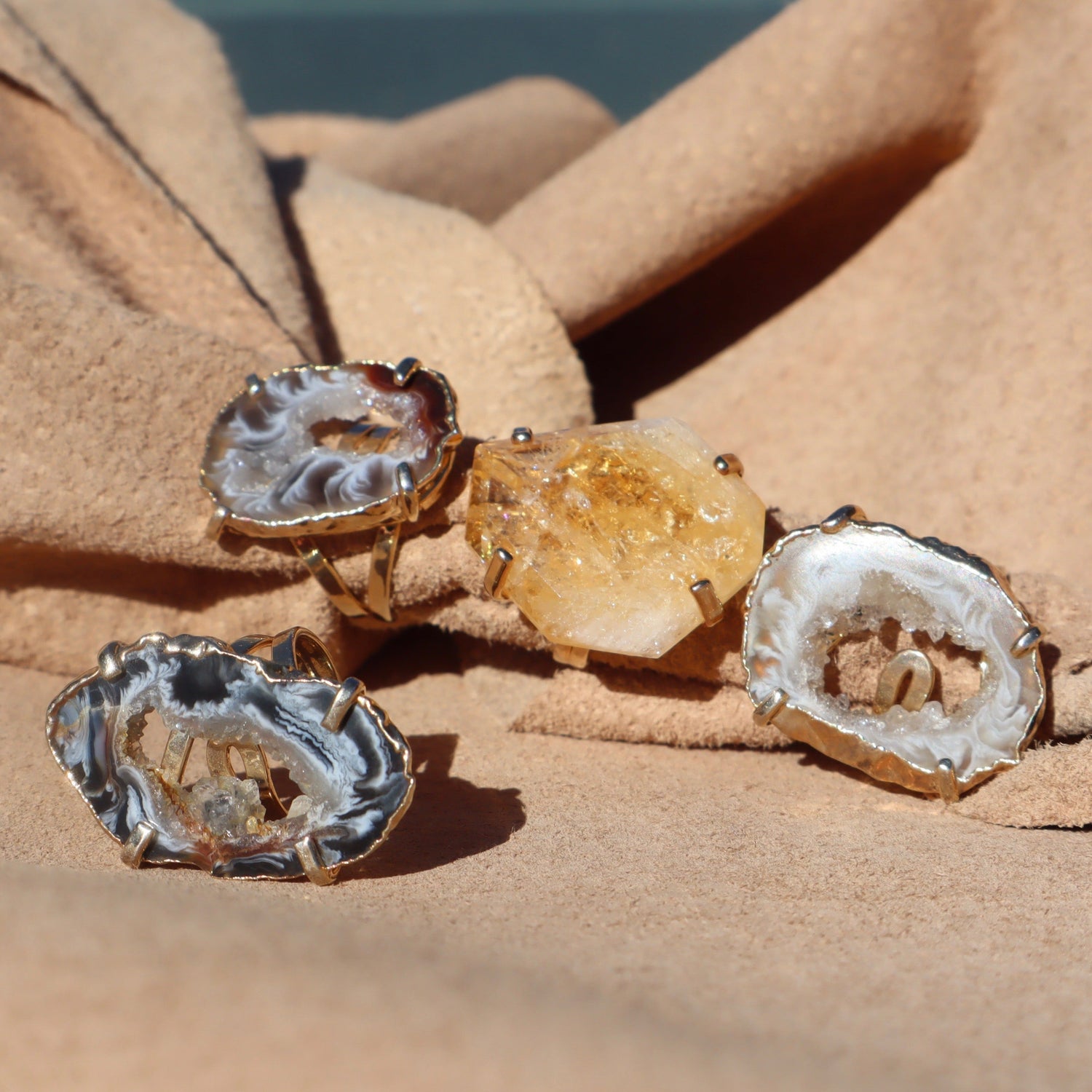 Handmade gold-plated adjustable geode slice druzy crystal rings