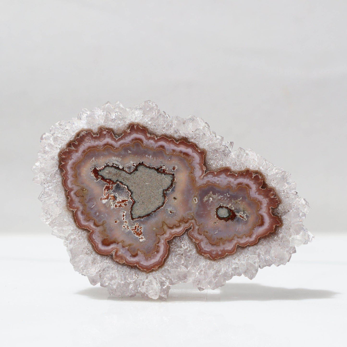 Pink Jasper Amethyst Stalactite Slice, rare from Uruguay, for sale.