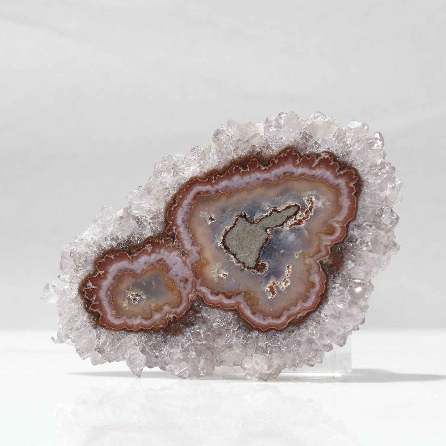 Pink Jasper Amethyst Stalactite Slice, rare from Uruguay, for sale.