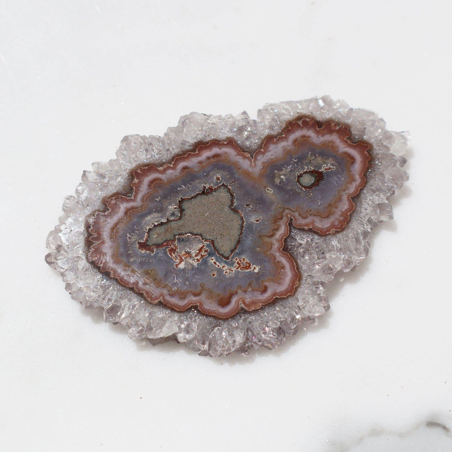 Pink Jasper Amethyst Stalactite Slice, rare from Uruguay, for sale.