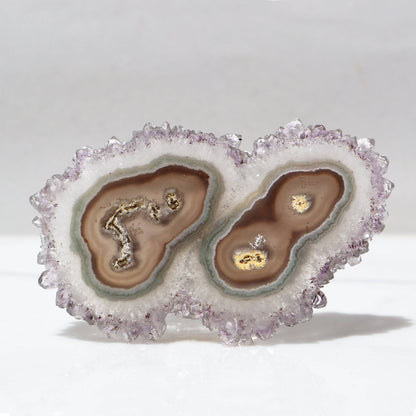 This stalactite slice delights us with an unmatched double formation of two separate nuclei. Formed of truly translucent tan color agate with a delicate balance of green agate, yellow details, and a subtle outline of lavender crystals.