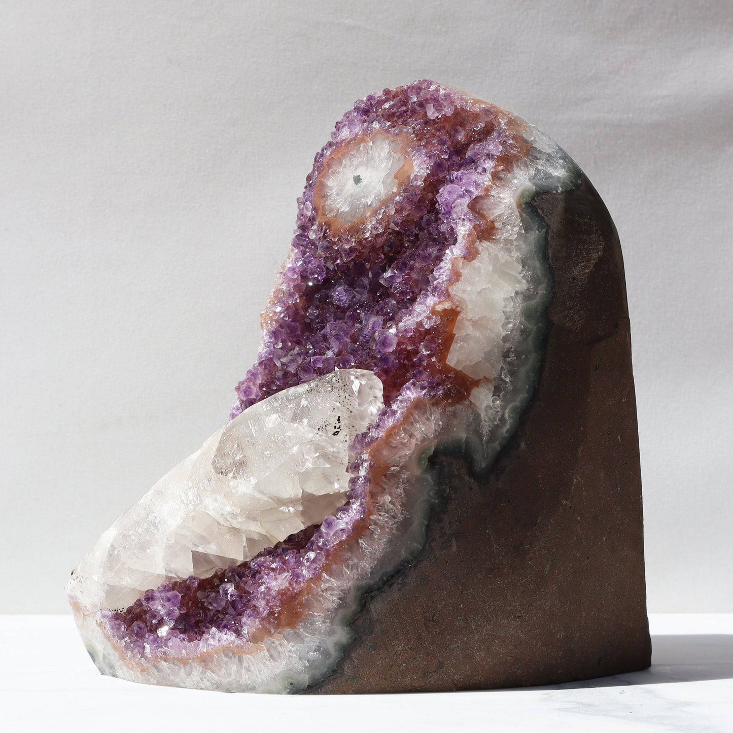 Showcase Geode Natural Art. Rare amethyst cut base with stalactite for sale, Uruguay - Deepest Earth