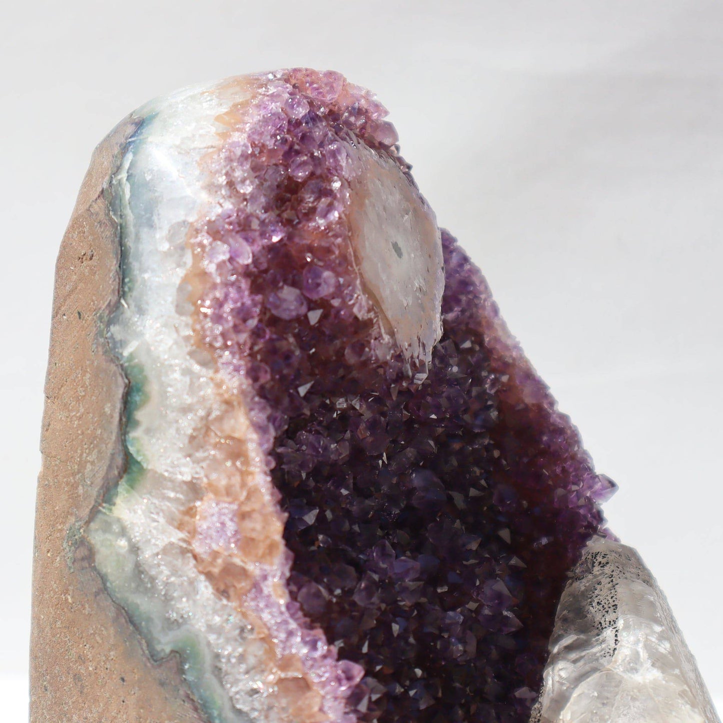 Showcase Geode Natural Art. Rare amethyst cut base with stalactite for sale, Uruguay - Deepest Earth