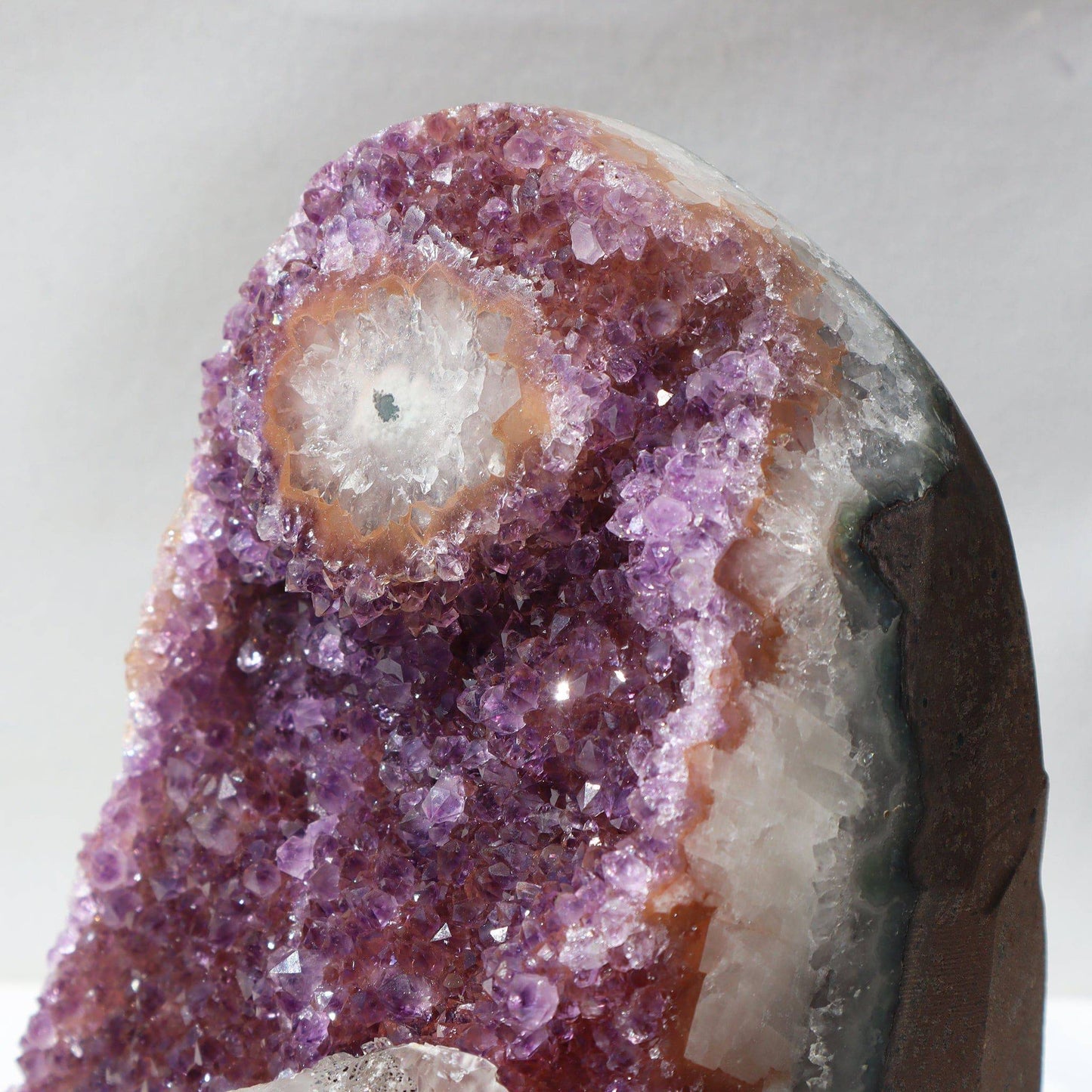 Showcase Geode Natural Art. Rare amethyst cut base with stalactite for sale, Uruguay - Deepest Earth