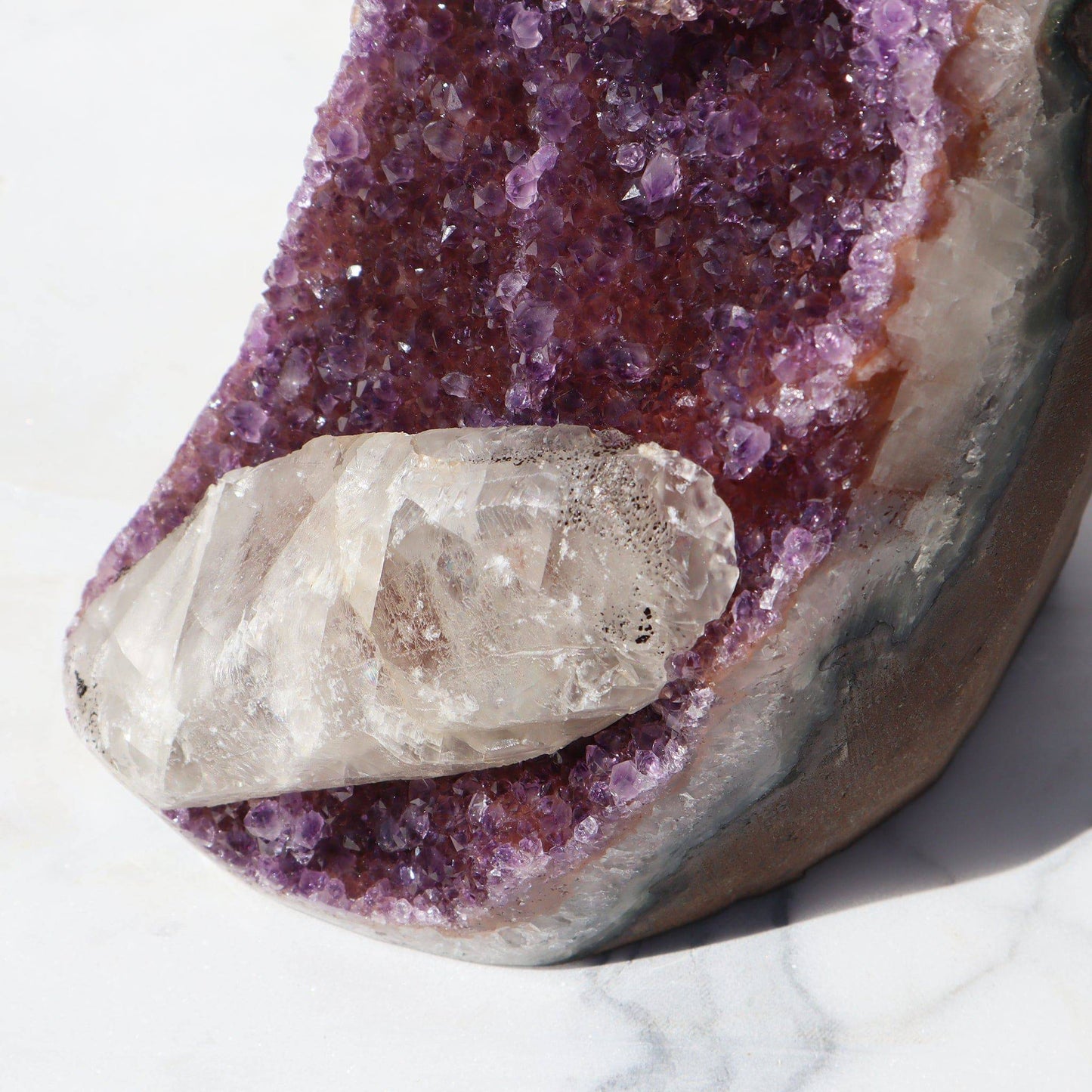 Showcase Geode Natural Art. Rare amethyst cut base with stalactite for sale, Uruguay - Deepest Earth