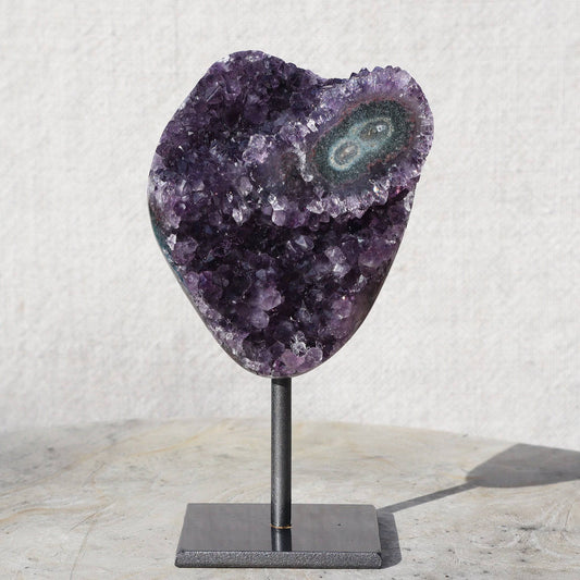 Heart shaped purple quartz amethyst double eye on stand - Deepest Earth