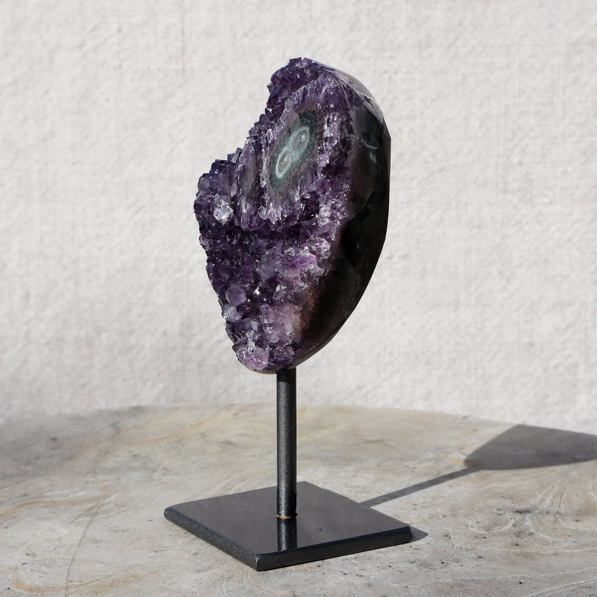 Heart shaped purple quartz amethyst double eyeon stand - Deepest Earth