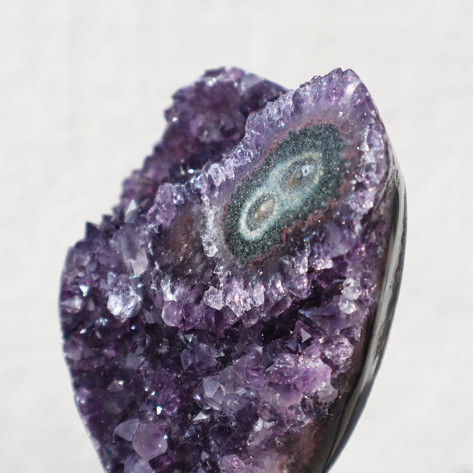 Heart shaped purple quartz amethyst double eye on stand - Deepest Earth